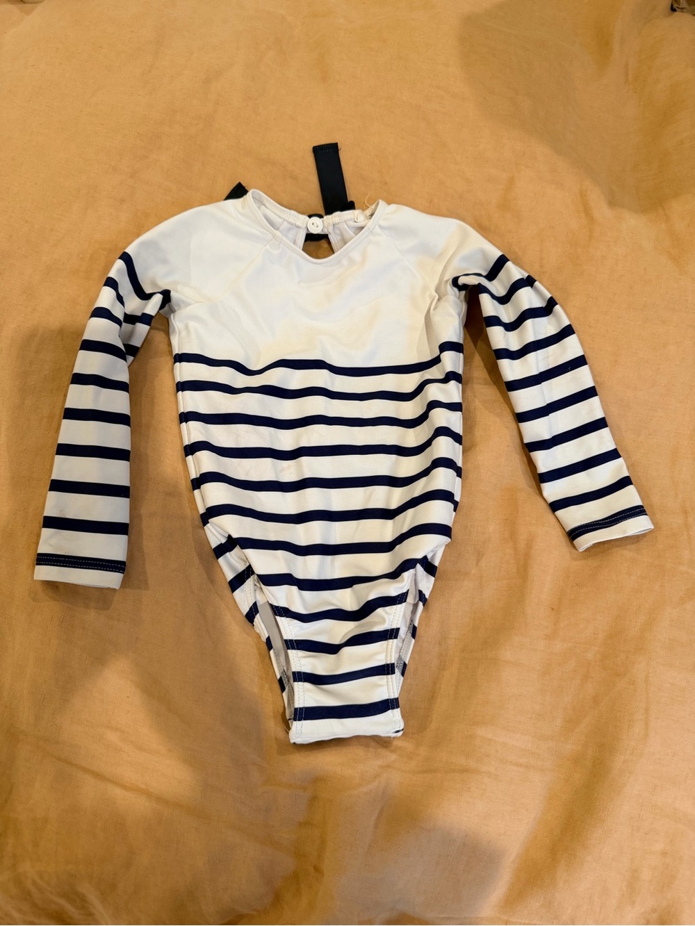 Minnow Striped Long-Sleeve One-Piece Bodysuit in White and Navy